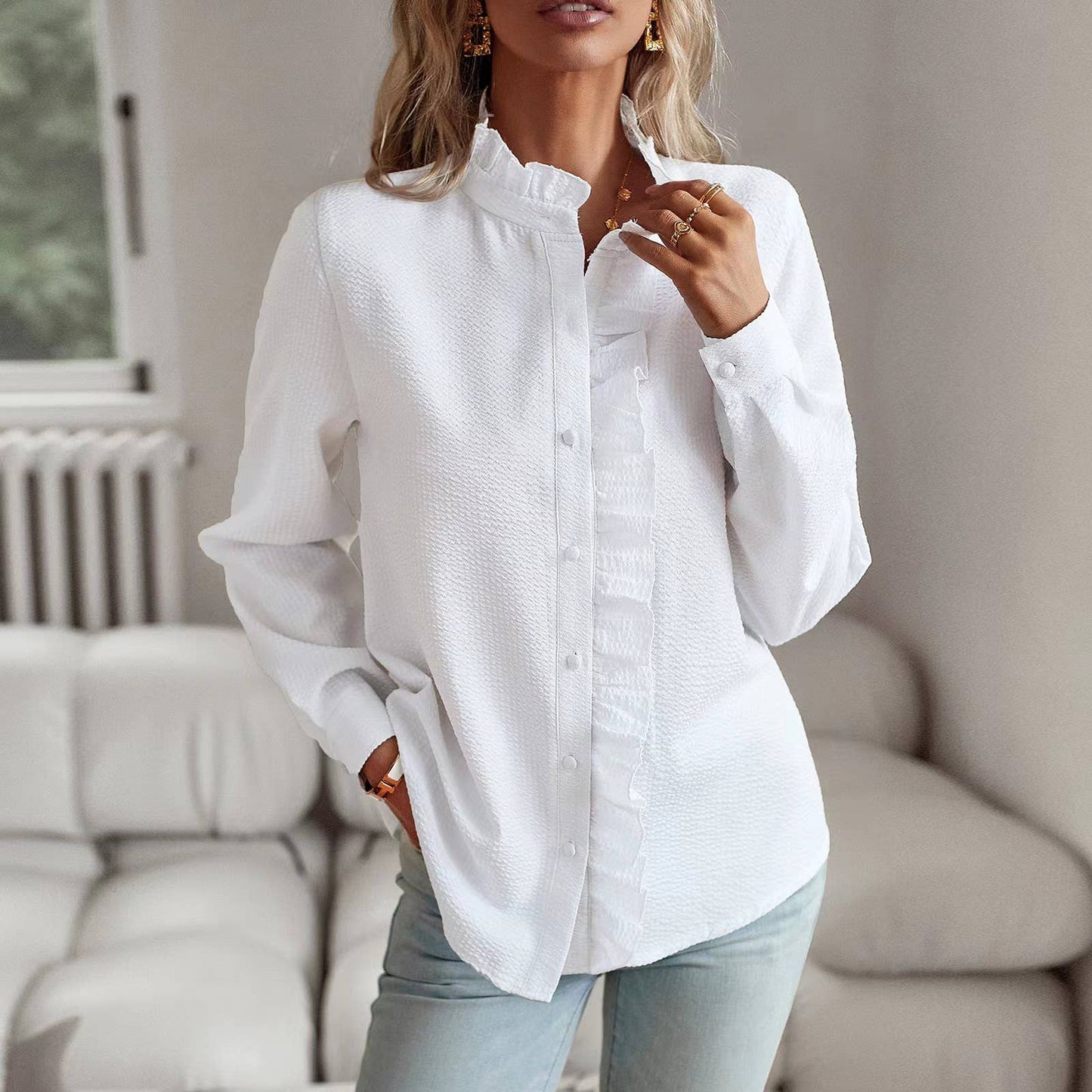 Textured striped shirt button-down ruffled blouse