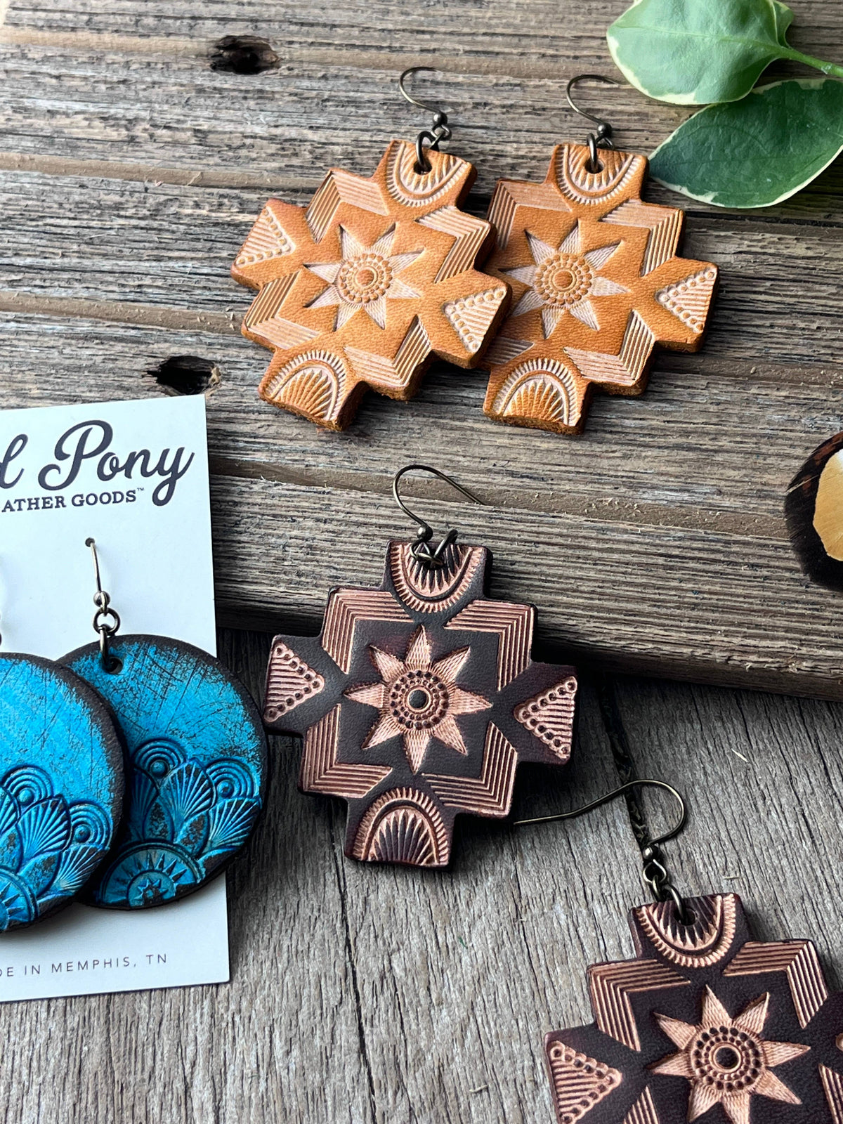 Boho Western Hand Tooled Leather Earrings Southwest Style
