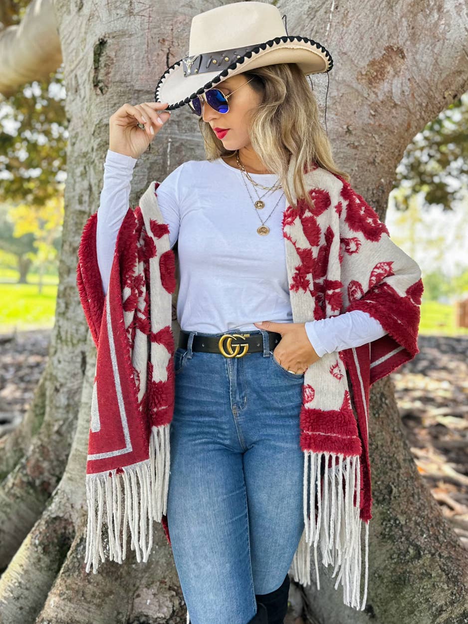 Red Western Boho 3D Textured Paisley Fringe Ruana Cardigan