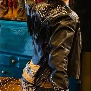 Kippys Embellished Black Leather Fringed Jacket
