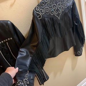 Kippys Embellished Black Leather Fringed Jacket